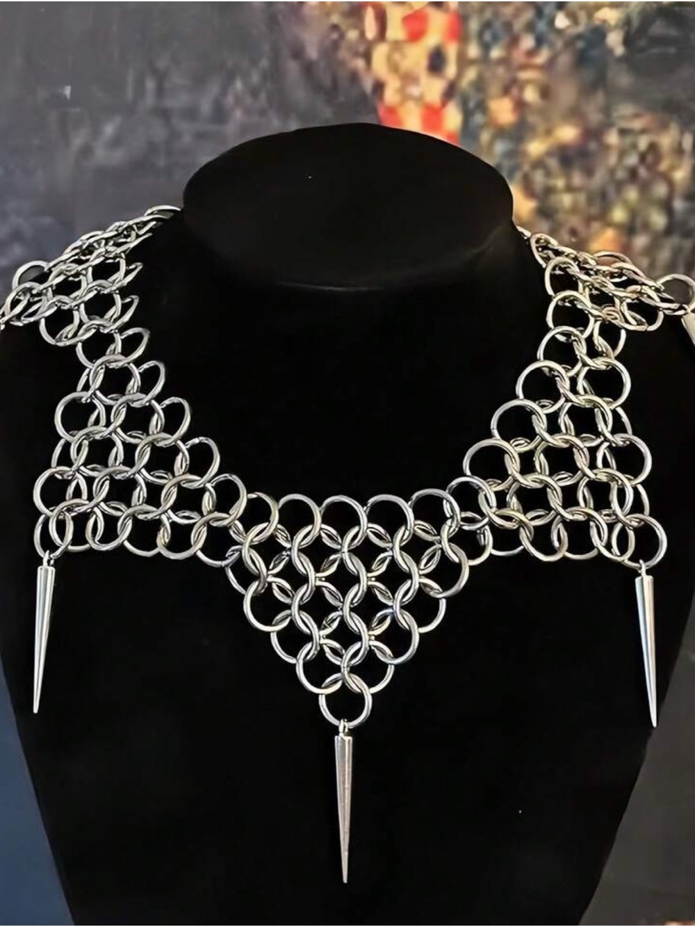 Silver Rockstar Chainmail Spike Collar Necklace